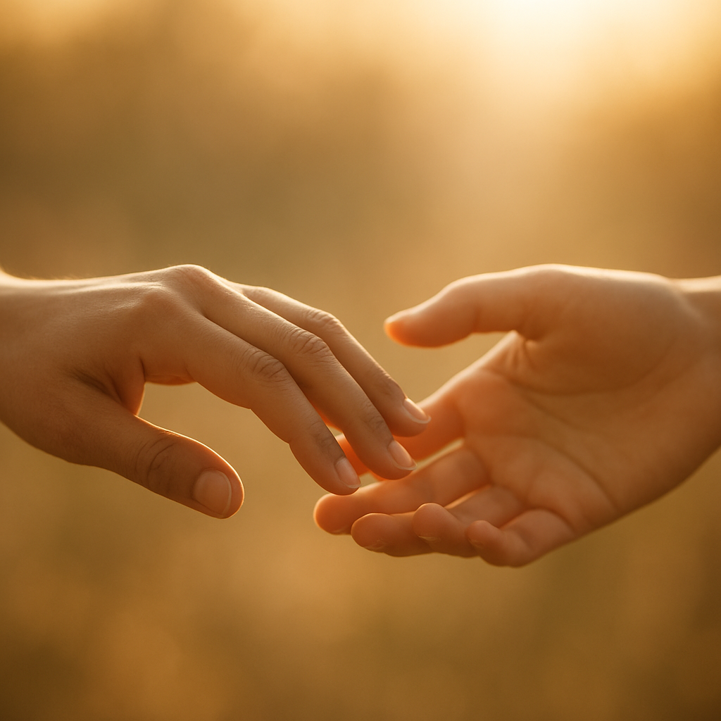Two hands gently reaching toward each other in warm light