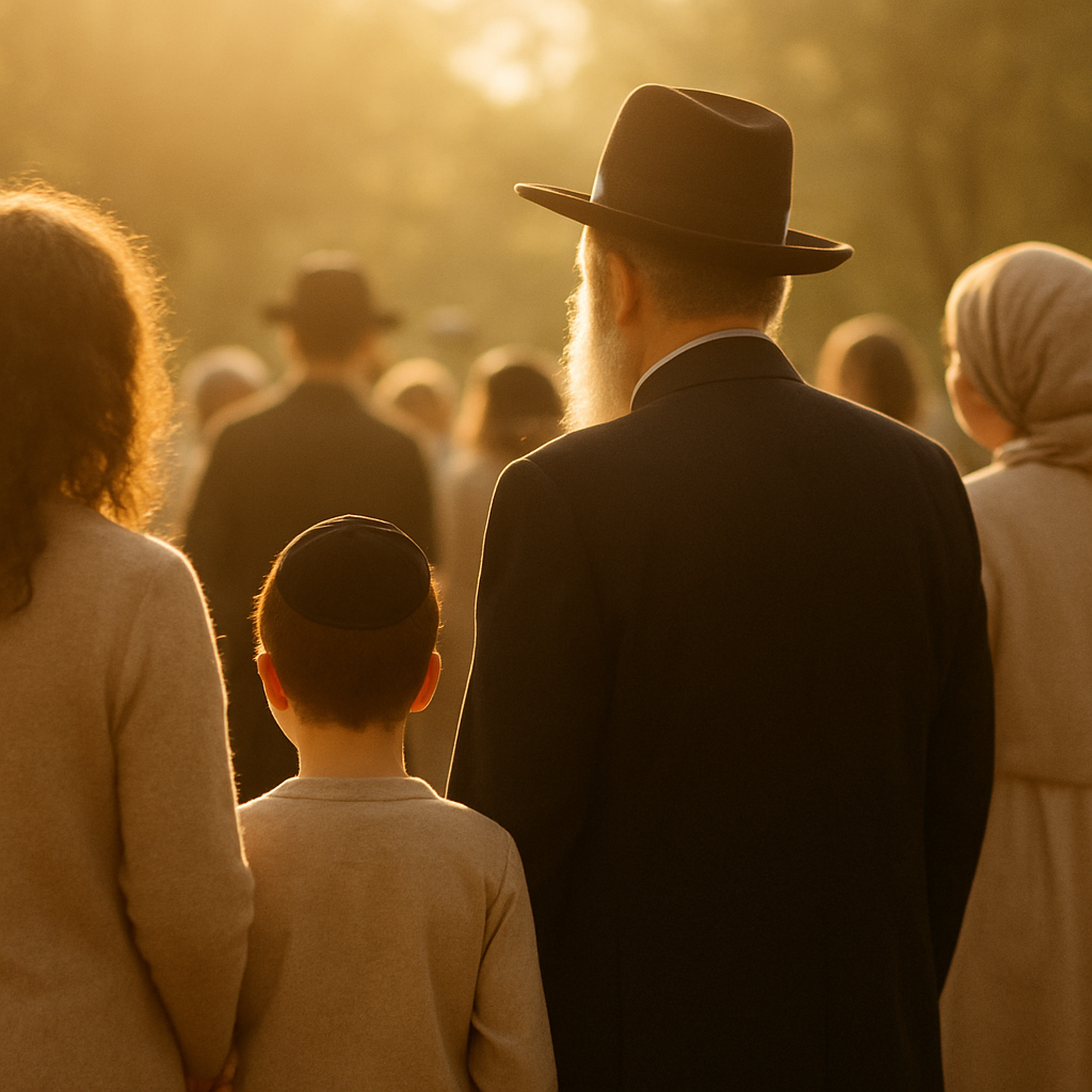 Members of the Orh Torah community gathered together in warm evening light